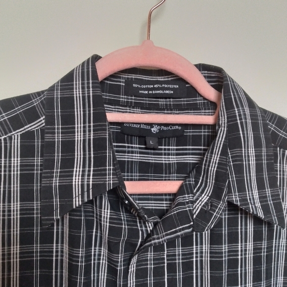 Beverly Hills Polo Club Men's Black and White Plaid Short Sleeve Button Up Shirt - Picture 5 of 11